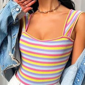 Rib Knit Square Neck Striped Print Bodysuit